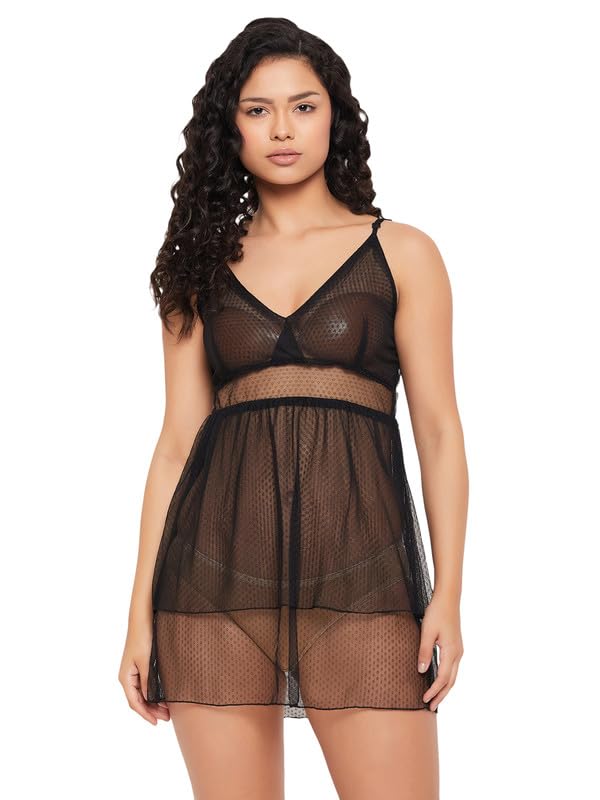 Image of Clovia Women's Lace Solid Babydoll with Thong in Black