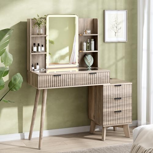 Image of Vanity Desk With HD Lighted Mirror and Lights, Fluted Small Makeup Vanity with Storage Drawers & Shelves, Modern Dressing Table Set with Power Outlet & Glass Table Top for Women Girls Bedroom, Grey