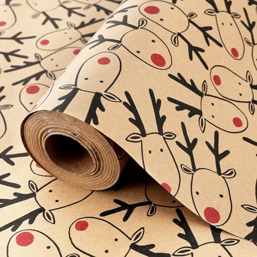 Weihnachtsgeschenkpapierrolle - 43 cm * 15 m, recycelbares braunes Weihnachtsgeschenkpapier, Rentierkopf-Geschenkverpackung für Weihnachten, Geburtstage, Erntedankfest, Hochzeitspräsentdekoration