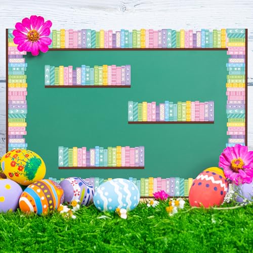 Image of BeYumi Pastel Bookshelf Border Trim - 65ft Back to School Colorful Pastel Books Rolled Border Trim Floral Bunny Bookshelf Bulletin Board Library Classroom Office Chalkboard Home Wall Party Decoration