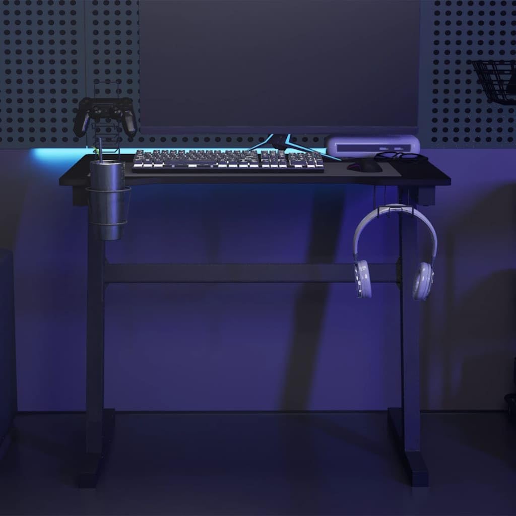 Bureau de jeu avec éclairage LED, cadre en Z, noir, 90 x 60 x 75 cm, bureau d'ordinateur avec support pour casque, design ergonomique pour gamer