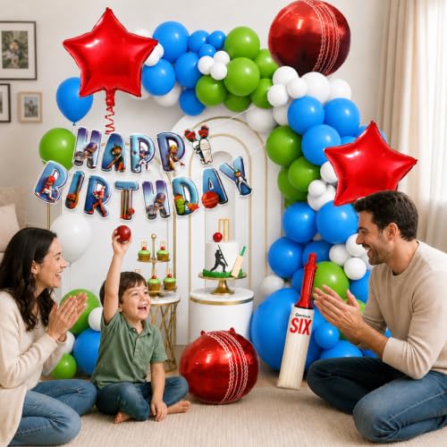 Image of Rozi Decoration Cricket Theme Birthday Decoration Combo Set with Paper Banner, Bat Foil Balloon and Cricket Birthday Decoration Kit - 53 Pieces Party Decor Kit