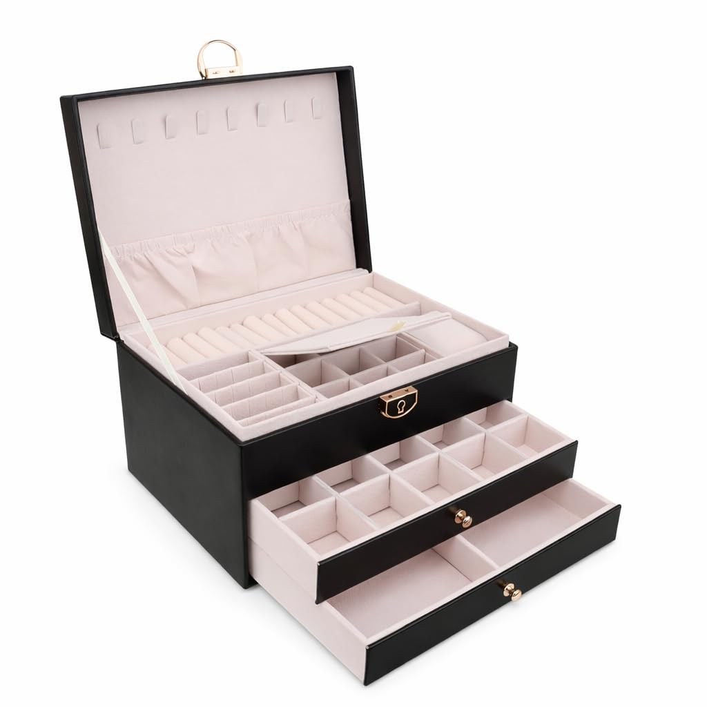 Top Sale Jewellery Box with Lock for Women, 3-Layer Jewellery Organiser with Drawers, Mirror, Ring Rolls and Necklace Hooks, Black Jewellery Storage Box Gift for Her
