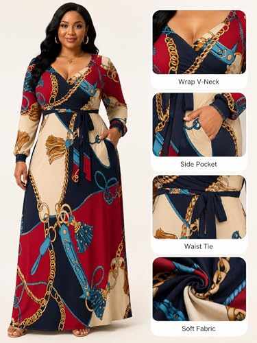 Image of PinkPatty Women's Long Sleeve Maxi Dress Plus Size Trendy Wedding Guest Dress with Pockets&Belt