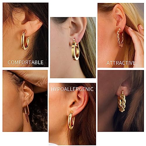 Image of Yesteel 9 Pairs Gold Hoop Earrings for Women, 14K Real Gold Plated Chunky Hoop Earrings Set for Women Hypoallergenic Thick Lightweight Earring for Womens Jewelry Gifts
