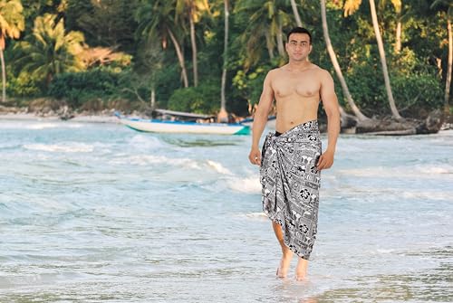 HAPPY BAY Men's Lava Lava Hawaiian Vacation Sarongs Summer Long Beach Cover Up Swimwear Holidays Pareo Beachwear for Men One Size White, Tropical2