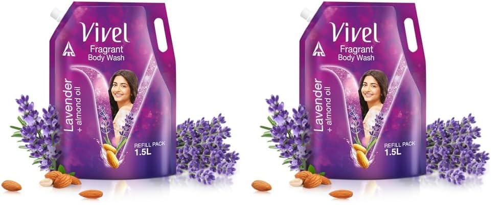 Image of Vivel Fragrant Body Wash, Lavender & Almond Oil Shower Gel, 1500ml Supersaver XL Refill Pouch, Moisturizing Bodywash, Soft & Smooth Skin, Effective Cleansing, For Women & Men (Pack of 2)