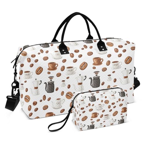 Travel Gym Bag, Coffee Beans Cups Pattern Weekender Overnight Duffle for Women with Toiletry Bag Travel Swim