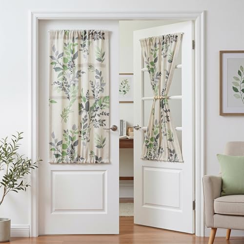 Image of MYSKY HOME Floral Linen French Door Curtains 40 inch Long 2 Panels for Front Door Light Filtering Privacy Semi Sheer Window Curtains with Rod Pocket, Green, 24 inch W Each Panel