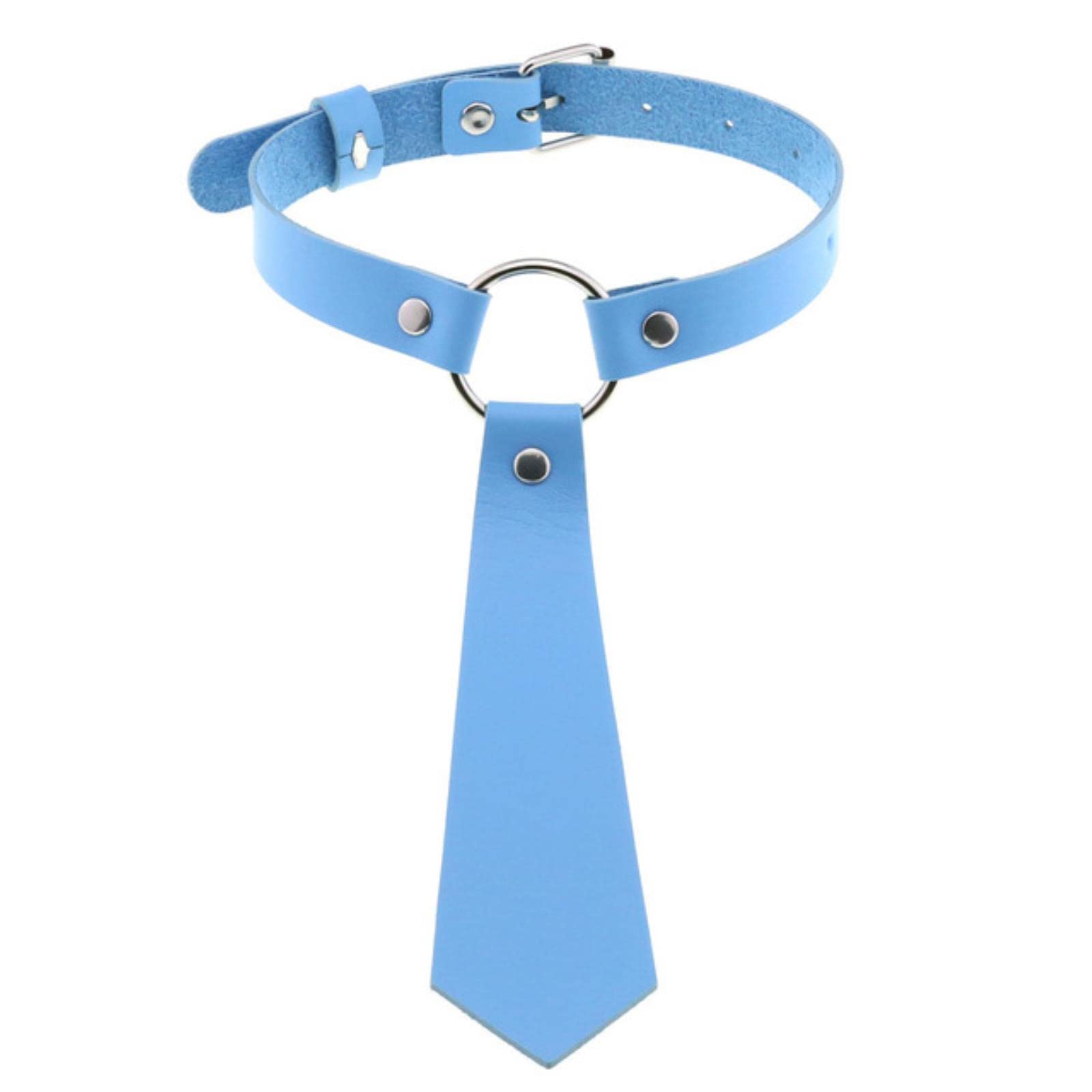 Wszjln Women's Light Blue Black Tie Collar Choker Necklace Gothic Punk Harajuku Pu Leather Chocker Goth Clothing Accessories For Men Cosplay Jewelry