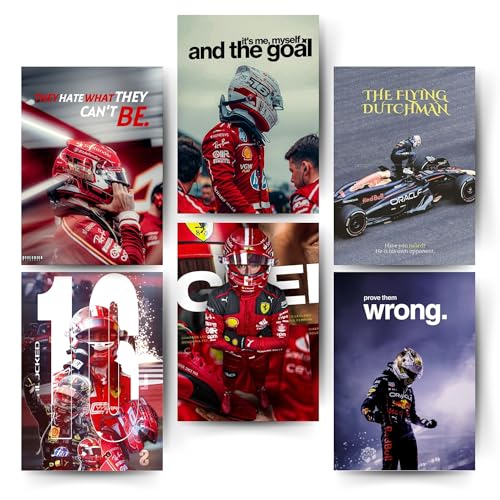 Image of Posters Inc Sports F1 Cars Motivational Posters for Wall A4 Size Aesthetic Setup 300 GSM Matte Paper Pack of 6 Automotive Motorsport Decor for Boys Gaming Room, Bedroom, Home & Office with Adhesive