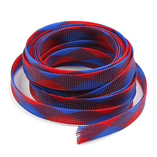 Othmro 幅16mm 長さ5m ブルーレッド 1個入り 編組スリーブ 編組チューブ RoHS認証 PET ポリエチレンテレフタレート材質 ポリエステル編組スリーブ ケーブル被覆用