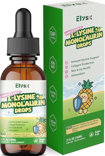 L-lysine Monolaurin Liquid Drops, Lysine 1000mg Supplement for Kids & Adults, with Vitamin C & D3, Zinc Citrate, Selenium, Quercetin & Elderberry Extract, Immune Support, Lip & Skin Health, 2 FL OZ