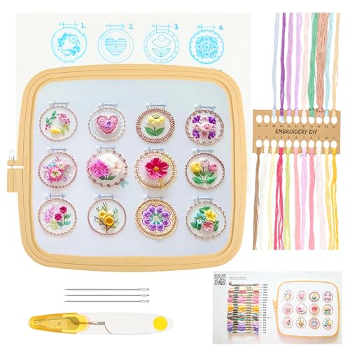 Image of PTMTFYL Small Flower Frame Embroidery Kit - Learn 12 Different Stitches DIY Hand Floral Embroidery Starter Kit with Pattern and Instructions