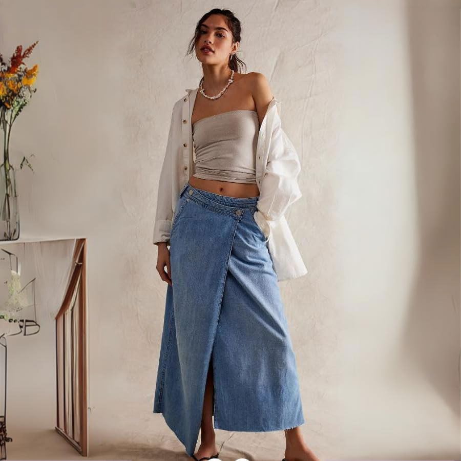 utcoco Womens Long Maxi Denim Skirts Low Rise A Line Jean Skirt Asymmetrical with Pockets2