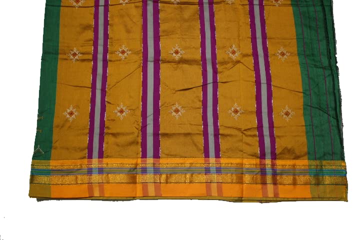 Image of Women Ilkal Cotton Blended Silk Kasuti Embroidery Saree with Traditional Stripe Pallu Unstitched Blouse Pattu