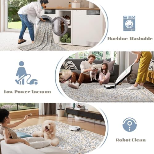 VECARF Area Rug 9x12 Washable Rug, Vintage Boho Medallion Rugs Non-Slip Soft Low Pile Large Distressed Rug Indoor Retro Carpet for Living Room Bedroom Dining Room Home Office (BeigeBlue, 9'x12') — view 4