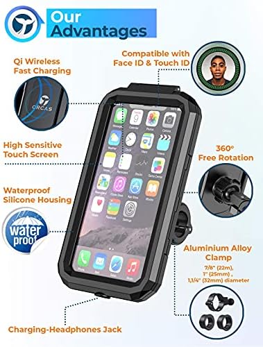 ORCAS TECHNOLOGY Motorbike Phone Holder Waterproof with Wireless Charger - Type-C USB Charging Motorcycle Mount for Handlebar and Mirror, Compatible up to 7 inches Phones with Qi Fast Charging
