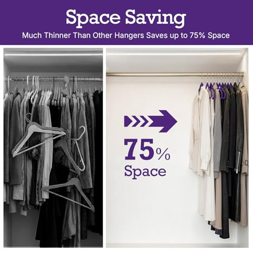 Image of HOUSE DAY Noble-Purple Velvet Hangers 60 Pack, Non Slip Clothes Felt Hanger Heavy Duty for Coat, Premium Slim Space Saving Suit Hangers for Closet Organizer, 360 Rotating Silver Hook