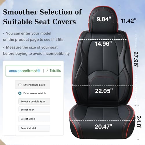 Image of Coverado Car Seat Covers Front Seats, Waterproof Leather Seat Covers for Cars, Luxury Car Seat Covers with Lumbar Support, Car Seat Protector Driver Seat Covers Universal Fit Most Cars (Black&Red)