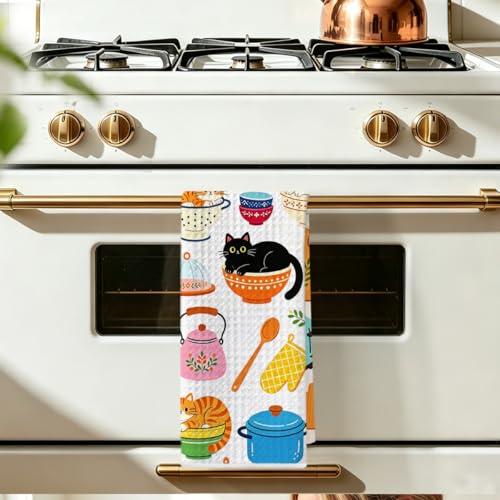 Image of Hanamiya Na Cute Cat Kitchen Towels 24x14 Inch, Cats Gifts Reusable Dish Towels for Kitchen Bathroom Decor, Waffle Weave Absorbent Hand Cloth Tea Towel, Cat Lover Gifts for Women Mom Friend