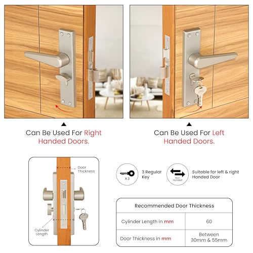 Image of LAPO Mortise Door Lock for Home Main Door & Bedroom with Handle, Heavy-Duty 60mm Cylinder, 45x45mm Body, 3 Brass Keys, Left-Right Fit 30-50mm Door Home Office Hotel | Matt Finish | CY-164