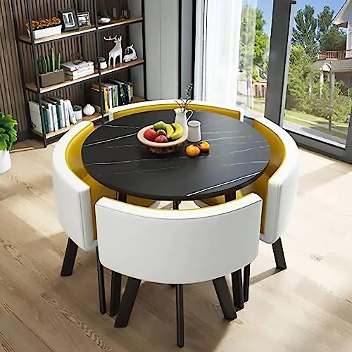 ダイニングテーブル 丸ダイニングテーブルセット4人用ダイニングテーブルいすセット打ち合わせテーブル オフィステーブル 木製 コンパクト室内 アウトドア リビング 店舗 レストラン ビジネス 用 応接セット 4人掛け 5点 (ブラック大理石+イエロー+ホワイ