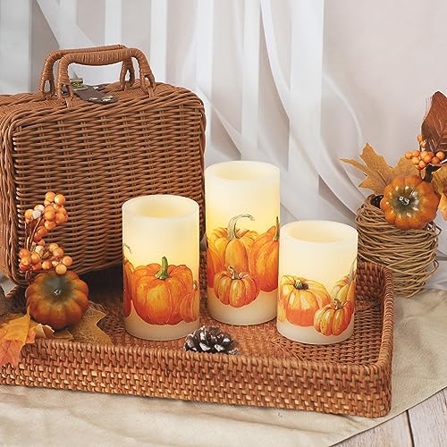 Image of Fall Flameless Candles with Remote, Set of 3 Pumpkin Design LED Candles with Timer and Dimmer Function, Home Party Wedding Autumn Thanksgiving Day Decor