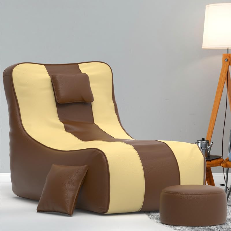 Image of Biggie Bean Bag with Beans Filled 6XL Zuno Lounger-Laziness Pro Max-Crafted for Comfort-Styled for Elegance with Free Cushion & Footrest (Matching Color : Leatherette Brown Cream)