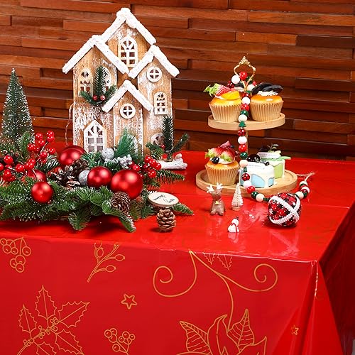 3 Pcs Red Christmas Tablecloths 54 x 108 Inch Gold Flower Poinsettia Bronzing Table Covers Disposable Christmas Rectangle Table Cloth for Xmas Holiday Kitchen Dining Table Decor – Image 7