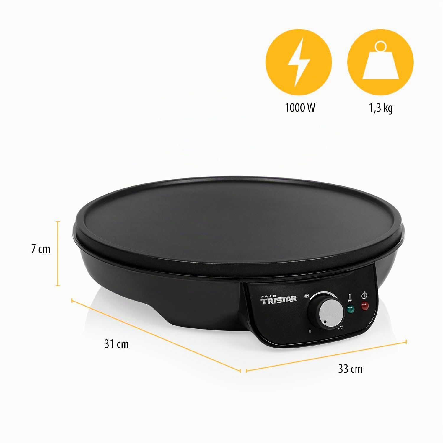 Tristar BP-2637 Crepera eléctrica, temperatura regulable, superficie antiadherente, 30 cm de diámetro, incluye espátula, 1000 W, Baquelita, Negro