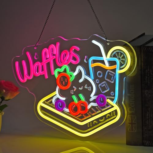 Image of Waffles Neon Sign, Neon Lights Hanging Wall Art Decoration for Store Retail Shop Market Grocery Bakeries Dessert Cafe Celebration Home Decor,USB Powered Ultra Bright Dimmable,15.75x11.8inches