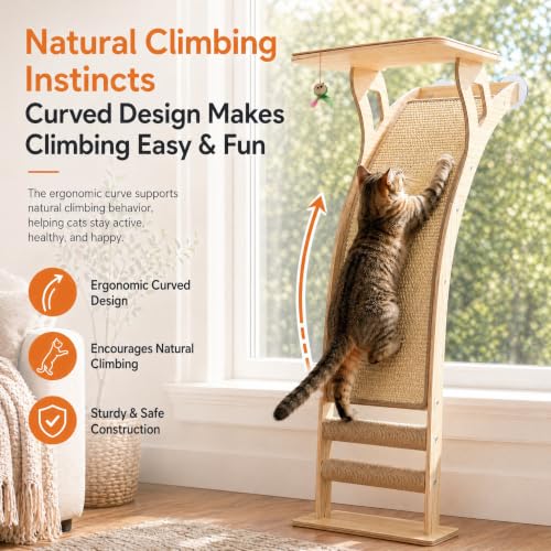 Image of Cat Window Perch with Scratcher Ramp, 48 inch Climbing Tree Suctions Cups to Window Maximum Hold Up to 45lb, Wood Kitty Bed for Small Window (Drilling-Free)
