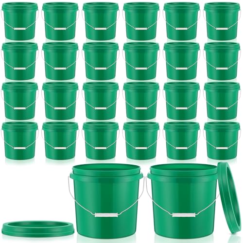 Tioncy 24 Pcs 2 Gallon Plastic Bucket with Lid Heavy Duty 2 Gallon Bucket Pail with Lid Handle for Storage Container Home Household Cleaning (Green)