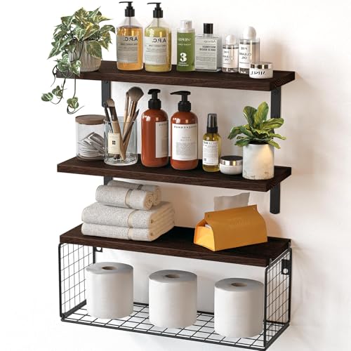 Baño, Video On Demand JeeLeeko Repisas Flotantes, Estantes Flotantes de 3 Repisas, Repisas para baño con Cesta de Alambre, Repisas flotantes para baño para Sala de Estar,...