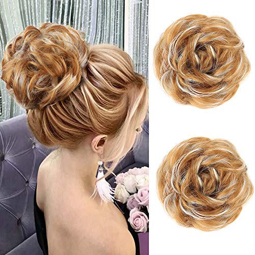 MORICA Messy Hair Bun Extensions 2PCS Curly Wavy Messy Synthetic Chignon Hairpiece Scrunchie Scrunchy Updo Hairpiece for women(Color:16H613#)