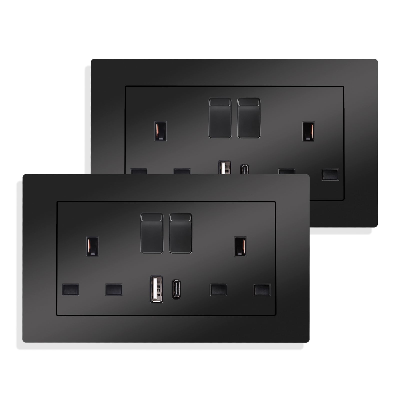 JIMEIDA 2 Pack Double Switched Power Socket Black 13 Amp with USB-A And Type-C Charging Ports Crystal Wall Outlet Electric Power Socket 146mm*86mm โ image 1
