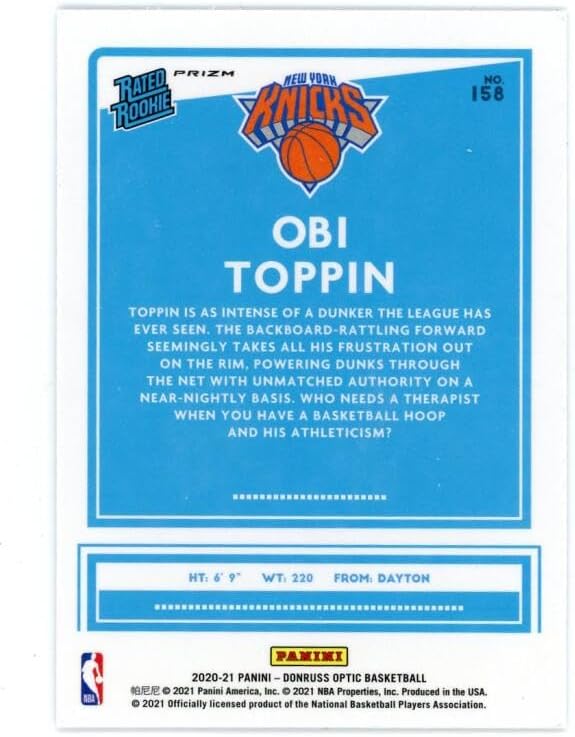 Miniatura 2 de 2020-21 DONRUSS OPTIC HOLO #158 OBI TOPPIN RATED ROOKIES RC NEW YORK KNICKS BASKETBALL OFFICIAL TRADING CARD OF NBA