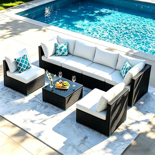 Image of 7 Piece Outdoor Sectional Outdoor Patio Furniture Set, Outdoor Patio Furniture Set with Coffee Table, Sectional Couch Sofa with Cushions, Wicker Outdoor Conversation Set for Backyard & Garden, Blue