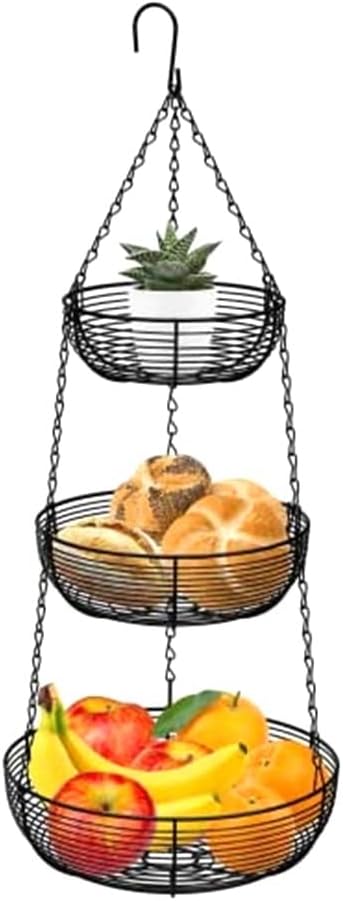 ulumn 3段ワイヤーバスケット フルーツオーガナイザー キッチンバスケット 高耐久ワイヤーオーガナイザー ワイヤーメタル天井フック付き ブラック