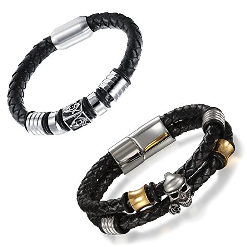 Aroncent Pulsera Negra de Cuero Trenzado con Cráneo Cierre de Acero Inoxidable Brazalete Símbolo Masónico Multicapa Joyería de Cuerpo Moda para Hombre 8.1 Pulgadas – 2PCS