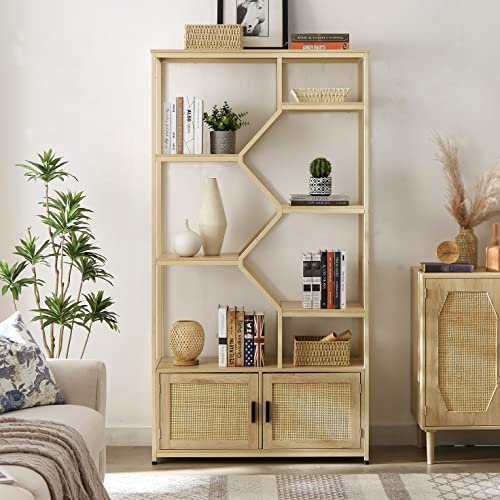 Boho Style Rattan Bookshelf, 5 Tiers Bookcases Storage Rack With Cabinet,Freestanding Bookcases With Adjustable Feet For Living Room Home Office #TOP11