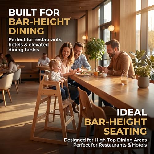 Image of Natural Wooden Bar Height Restaurant High Chair - Stackable Rubberwood Dining Chair for Bar Height Tables, Easy-Clean Finish, Commercial Restaurant Seating