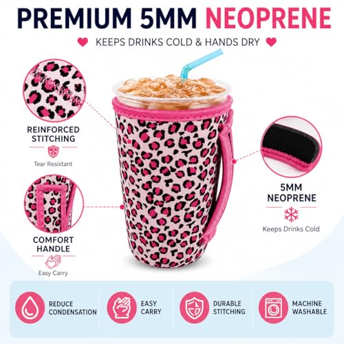Image of KJQJLY 3 Pack Reusable Iced Coffee Sleeves for Iced Coffee Cups or Drinks Reusable Neoprene Insulated Sleeves for Hot and Cold Drinks from Starbucks, Dunkin, And More (pink leopard print)