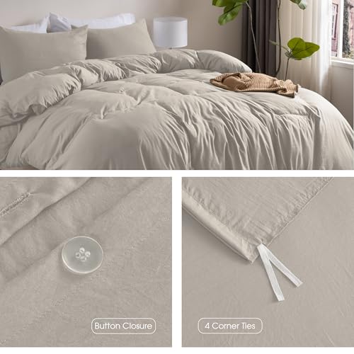 Image of Soft Washed Linen Color Duvet Cover King Size,2 Pillow Shams, No Comforter | Prewashed Microfiber, Button Closure,4 Corner Ties, Ultra Soft, Cotton-Like, All Seasons, King Duvet Cover 104x90 in