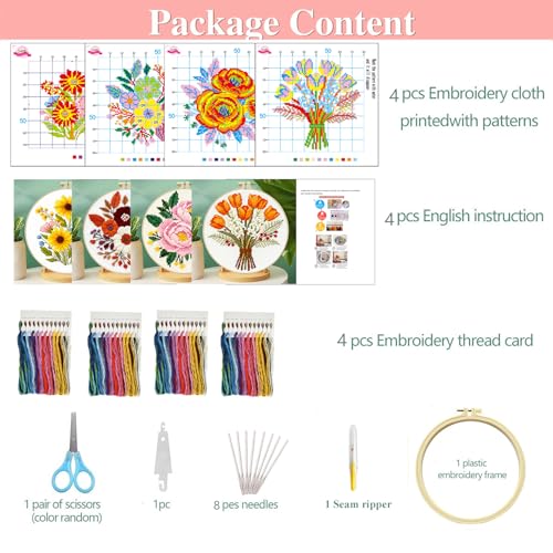 Image of Zhenqing 4-Piece Floral Cross Stitch Kit for Beginners - Complete Set with Pre-Printed 11CT 24x24cm Fabric, Hoop, Threads & Tools (Sunflower, Peony, Tulip Designs)(70362)