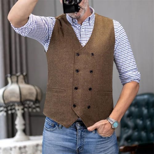 Men's V Neck Herringbone Wool Tweed Double Breasted Waistcoat Tuxedo Groomsmen For Wedding Vests2