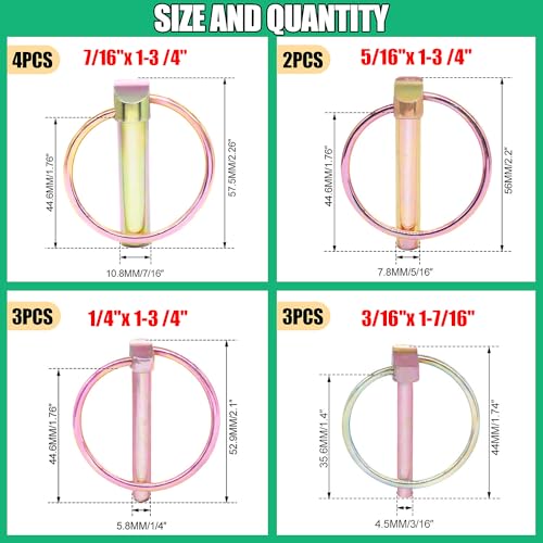 Twidec N-055-12PCS-O-4K-G Lynch Pin 1/4 Inch 3/16 Inch 5/16 Inch 7/16 Inch Assortment Kit Gold Linch Pin thumb #1
