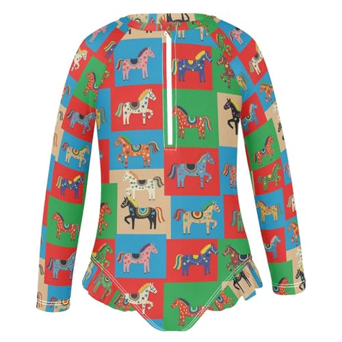 Colorful Horses on Squares Girls Rash Guard Swimsuits Long Sleeve One Pieces Bathing Suit UPF 50+ Zipper Swimwear2