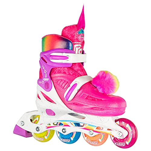 Crazy Skates Trolls Size Adjustable Inline Skates - Featuring Poppy or Barb from Trolls World Tour - Poppy | Pink (Size: Small | US Mens j11-1 | US Ladies j11-1 | EU 30-33)